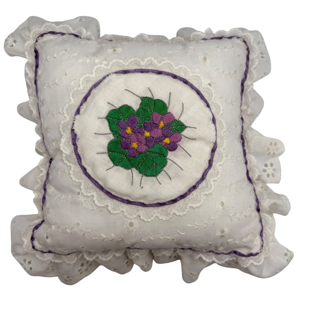 Vintage Handmade Embroidered Lace Pillows‎ Cottagecore Purple Floral Set